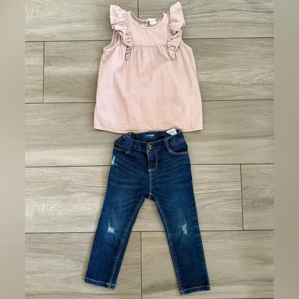 Pink Ruffle Top and Blue old navy skinny Jeans